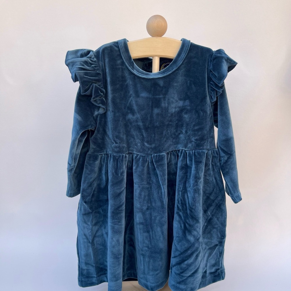 NWOT Girls' Velvet Ruffle Shoulder Dress in Teal Blue